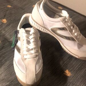 White and Beige Sneakers with Silver Accents